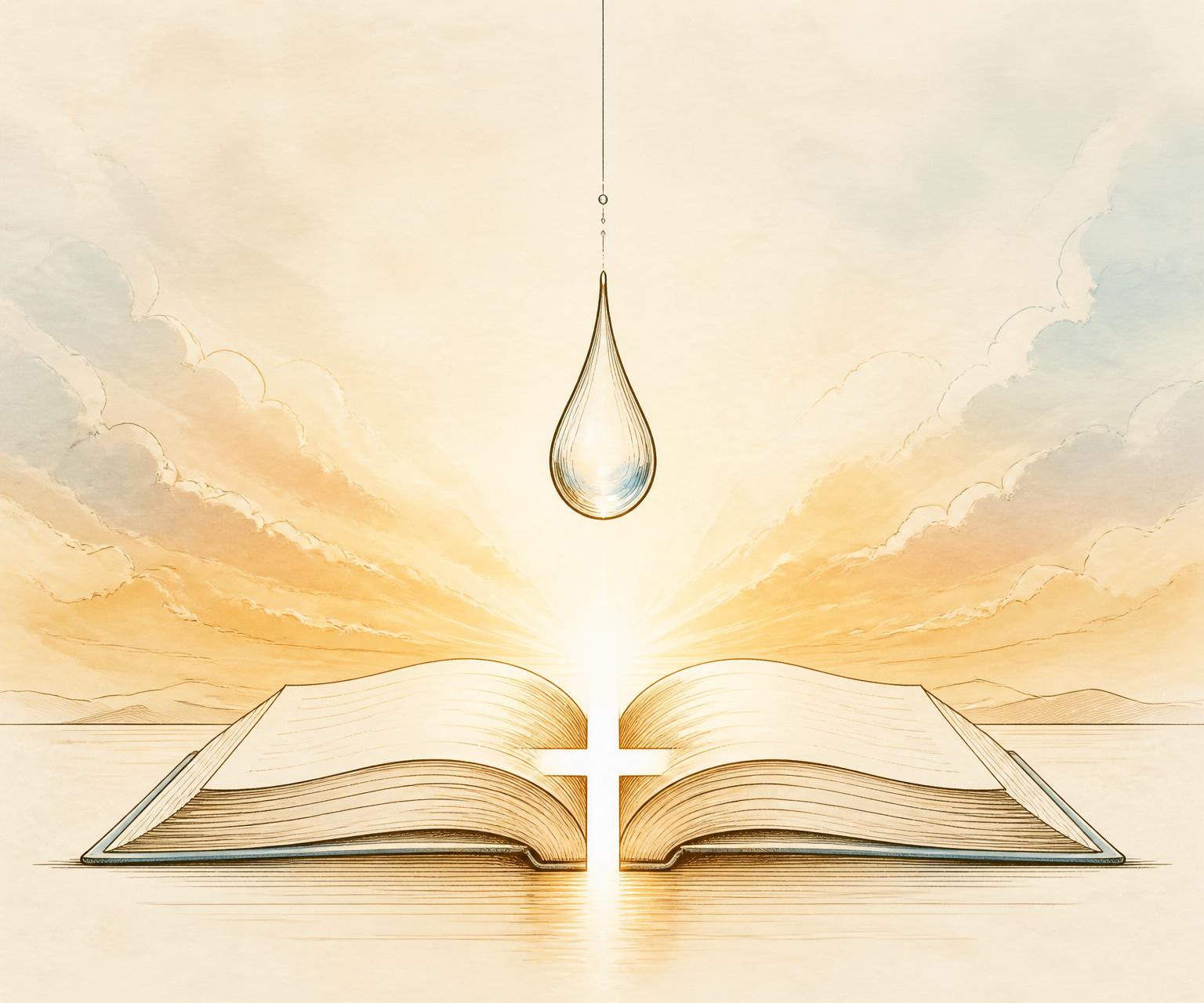 A water droplet falling over an open Bible with a cross formed in the negative space at sunrise